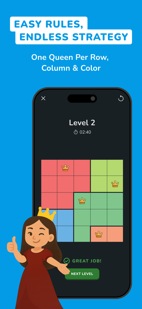 Queens: Board Puzzle Games - Captura de pantalla de la jugabilidad de Queens Board Puzzle mostrando un nivel de lógica resuelto con coronas y un personaje real