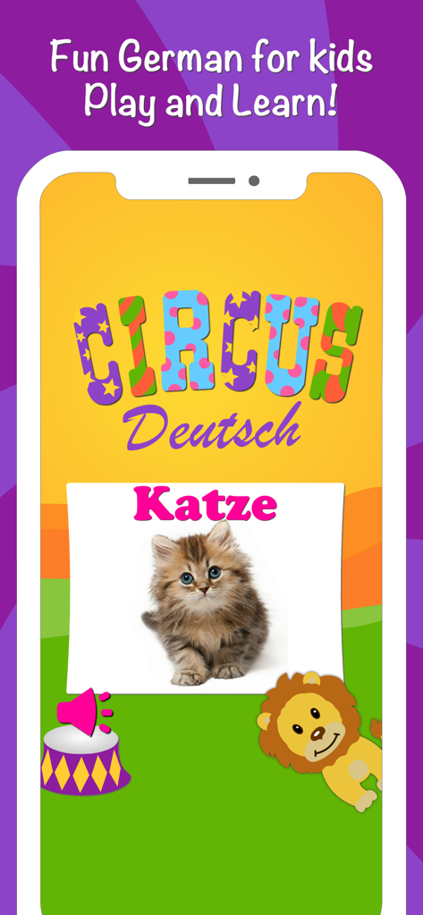A flashcard from the German language for kids app showing a picture of a kitten and the word Katze