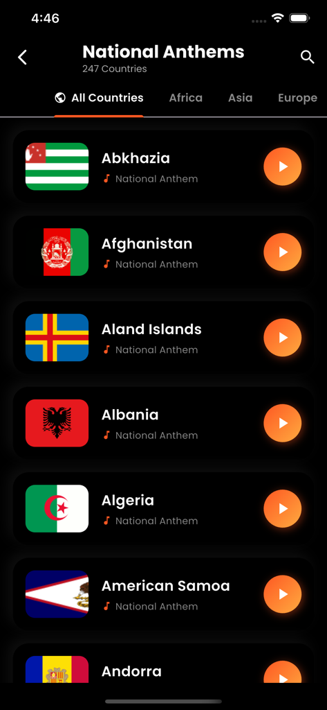 National Anthem Songs - Mobile app interface showing a list of national anthems by country with flags and play buttons.
