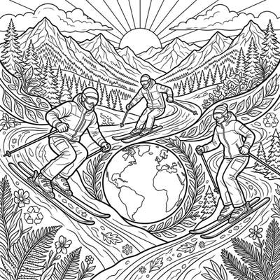 Immerse yourself in the beauty of nature and the thrill of telemark skiing with this special Earth Day coloring page. Discover a dynamic scene featuring skiers amidst mountains, forests, and symbols of environmental care.