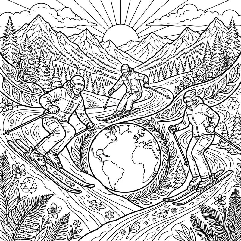 Immerse yourself in the beauty of nature and the thrill of telemark skiing with this special Earth Day coloring page. Discover a dynamic scene featuring skiers amidst mountains, forests, and symbols of environmental care.