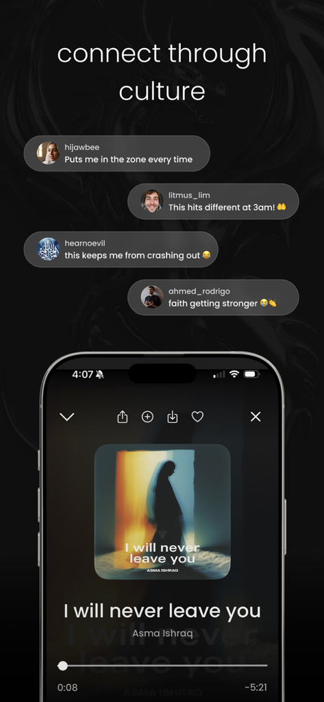 Mystic Meditation Records - Screenshot of Mystic Meditation Records app showing user testimonials and music player interface playing a track by Asma Ishraq