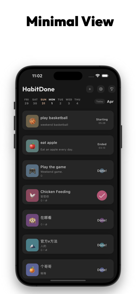 HabitDone app dashboard displaying a minimal list of daily habits in a dark mode interface.