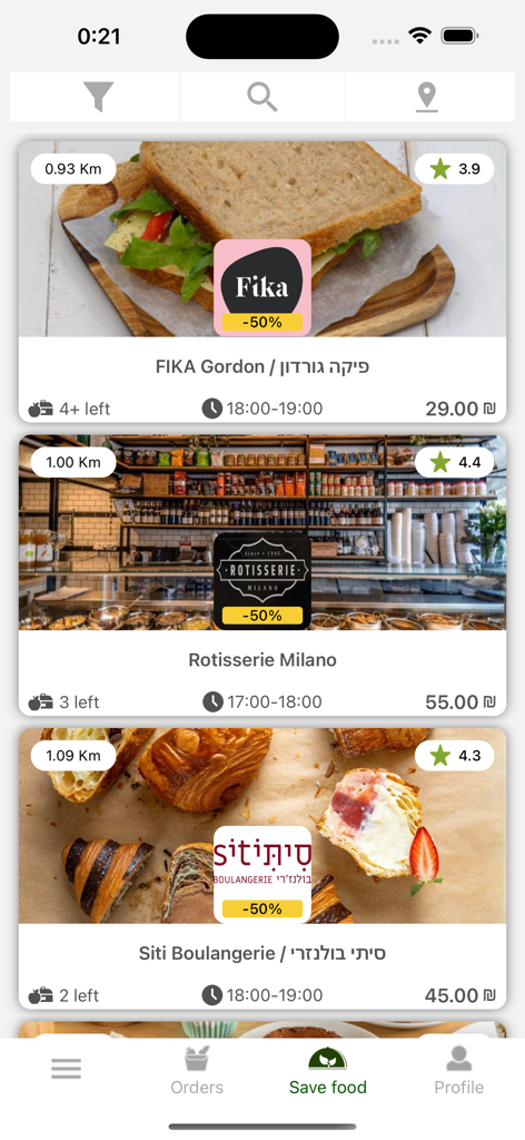 SpareEat app interface showing food deals with 50 percent discounts from local bakeries and restaurants.
