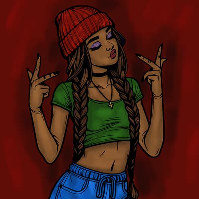 realistic teenage girl with braids and a beanie and crop top doing 🫶🏼