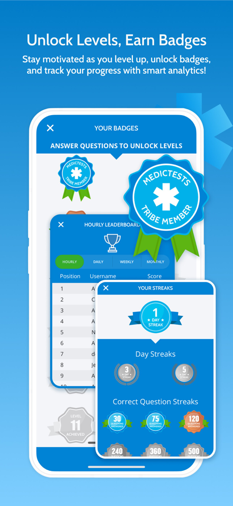 MedicTests 2026 EMS Education - MedicTests app interface displaying gamification features like unlockable badges a leaderboard and study streaks for EMS education