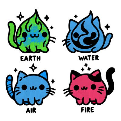 4 cats that represent the different elements, earth, water, air, and fire