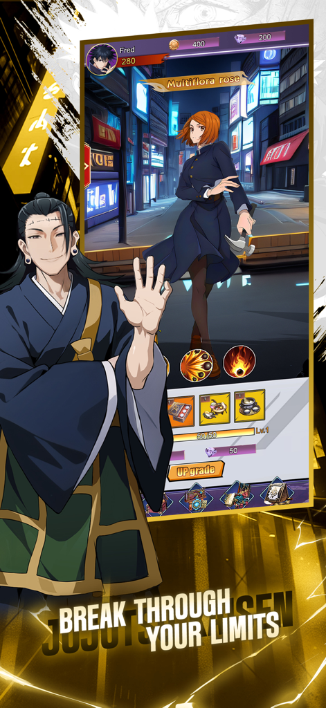 Interface of Jujutsu Legacy Clash showing a character upgrade screen with Nobara Kugisaki and Geto Suguru.