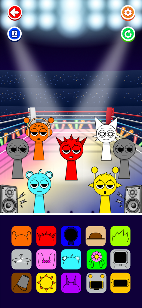 Horror Music Box - Colorful quirky characters on a boxing ring stage with a grid of customization icons below.