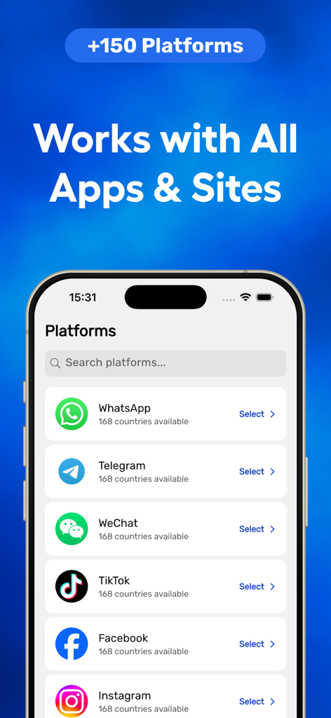 SMS io: Virtual Verification - A mobile screen from SMS io displaying various platforms like WhatsApp, Telegram, and TikTok available for virtual phone number verification.