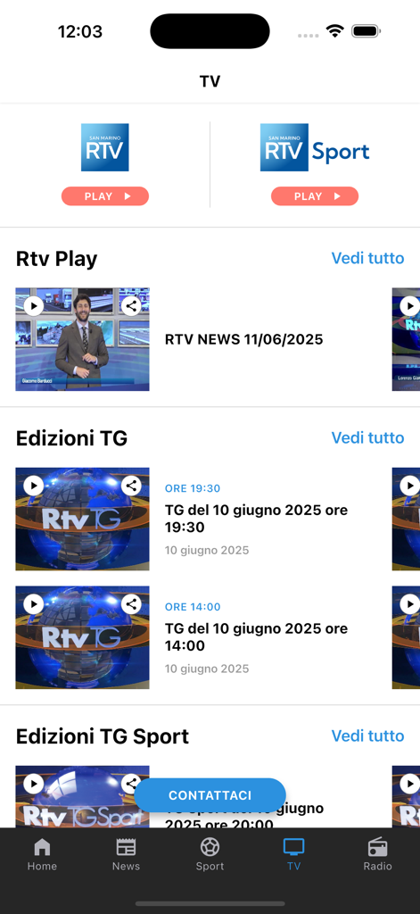 San Marino RTV - Interface do aplicativo San Marino RTV exibindo opções de TV ao vivo e arquivos de transmissão de notícias.
