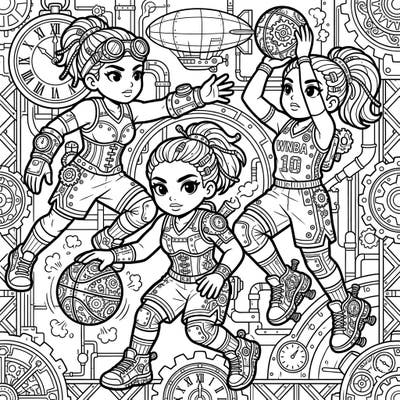Experience the thrilling fusion of sports and fantasy with this unique coloring page featuring WNBA players in an intricate steampunk setting. Unleash your creativity as you bring these powerful athletes and their retro-futuristic gear to life.