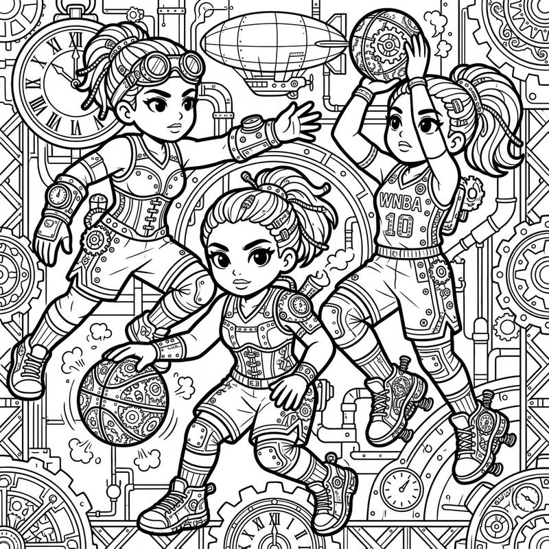 Experience the thrilling fusion of sports and fantasy with this unique coloring page featuring WNBA players in an intricate steampunk setting. Unleash your creativity as you bring these powerful athletes and their retro-futuristic gear to life.
