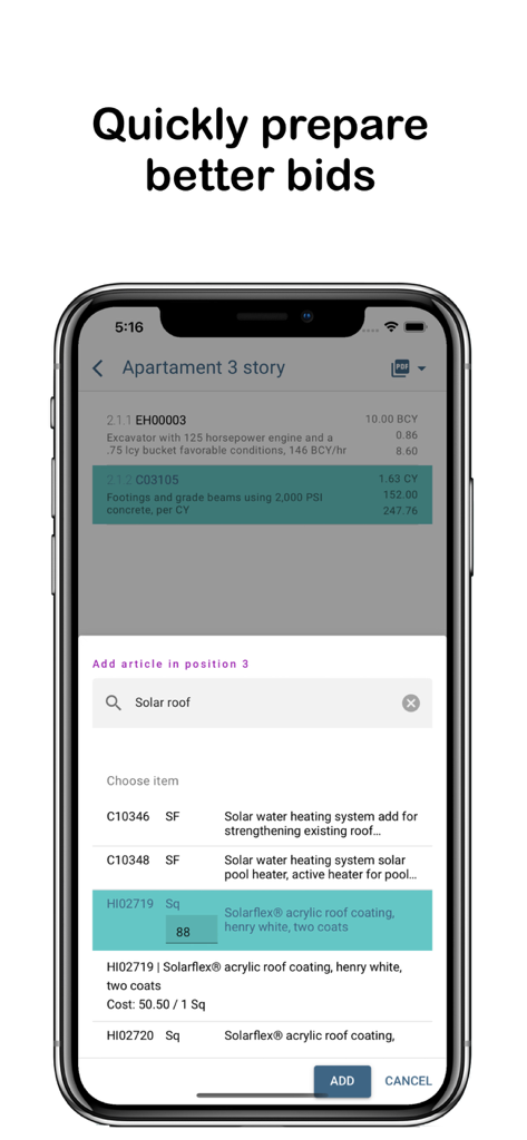 Deviz AR - Deviz AR app interface showing construction bid preparation and material selection on a mobile device