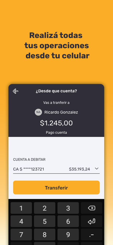 APP Banco San Juan - Écran de virement bancaire mobile de l'application Banco San Juan