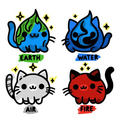 4 cats that represent the different elements, earth, water, air, and fire