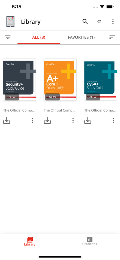 The library screen of the CompTIA Self-Paced eReader showing official IT certification study guides