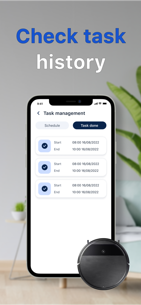 Robot iVacuum app interface showing a list of completed cleaning tasks with start and end times