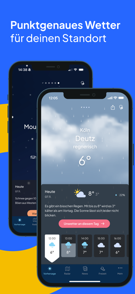 Interface de l'application Wetter.de sur iPhone affichant des conditions météorologiques locales précises et des prévisions horaires de pluie.