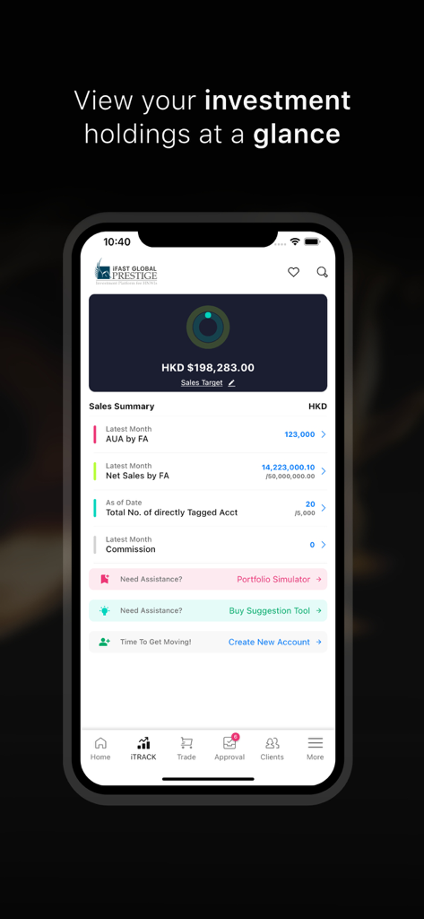 iFAST HK app dashboard displaying investment holdings and sales summary