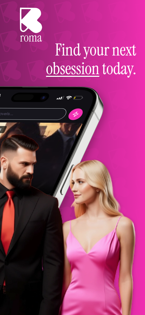 Roma: Spicy Novels - Roma Spicy Novels app home screen featuring a romantic couple and the tagline Find your next obsession today