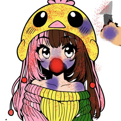 anime girl with chick shaped hat with sweater with bare shoulders with bangs covering them one eye with low tail