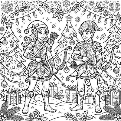 Celebrate the holidays with our enchanting Elven Archers Christmas coloring page, featuring two skilled archers amidst a beautifully decorated winter wonderland. This detailed fantasy scene is perfect for bringing festive cheer and creative joy to your coloring sessions.