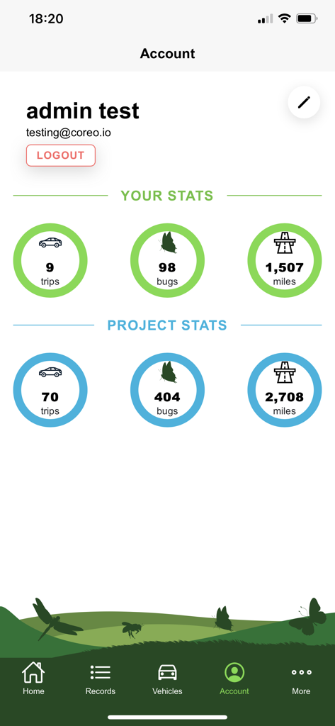Bugs Matter - Bugs Matter app account screen showing user and project statistics for trips, bugs, and miles.
