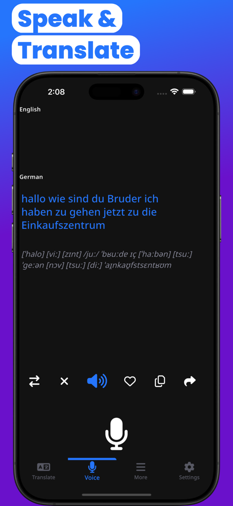 Voice translation interface of the German-English Translate Words app in dark mode showing German text and phonetic pronunciation