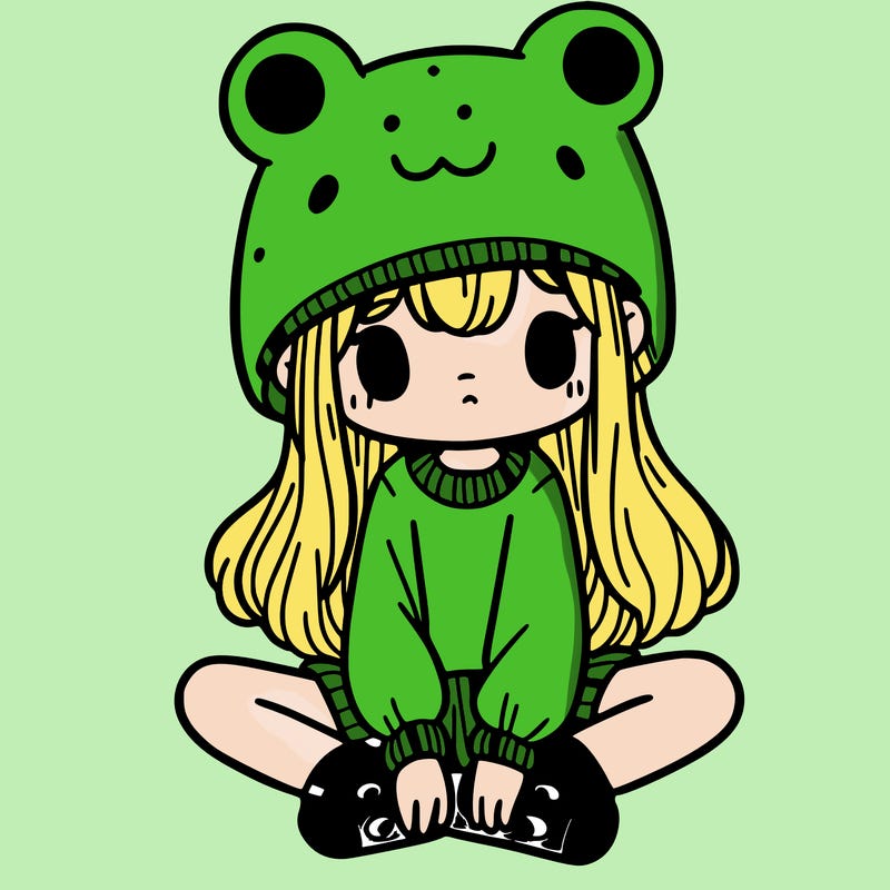 a girl wearing a frog hat and some frog socks