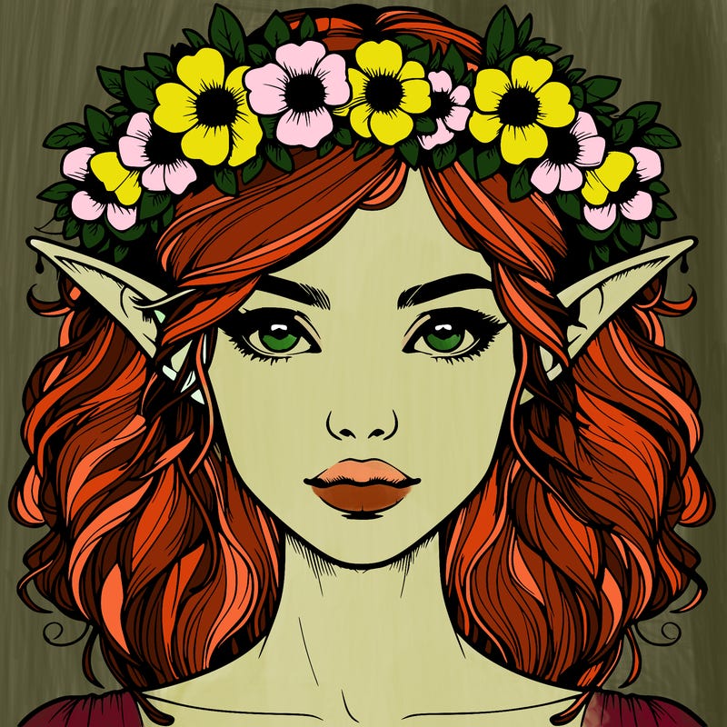 realistic female elf with flower crown