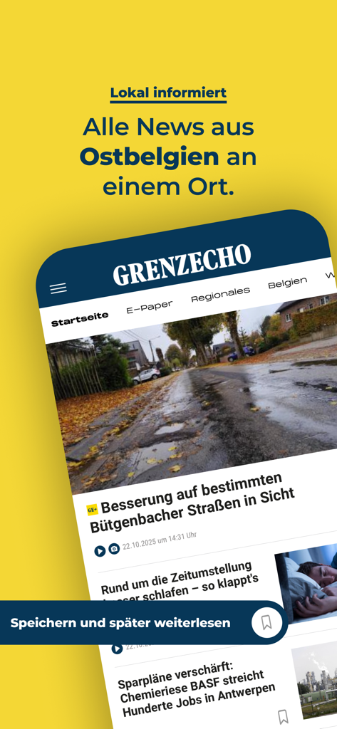 GrenzEcho App - Interface da aplicação de notícias GrenzEcho a mostrar artigos regionais do Leste da Bélgica em alemão
