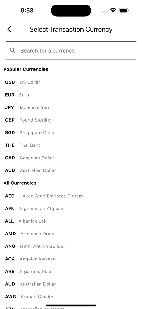 인기 통화 및 모든 통화 목록과 검색창이 있는 거래 통화 선택을 위한 모바일 인터페이스.