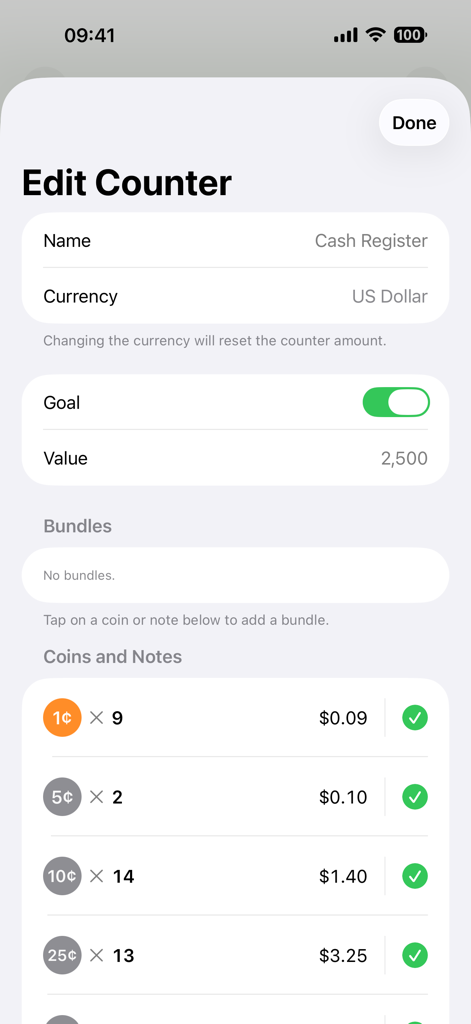 Cash Counter: Count Money - Pantalla de Edición de Contador en la aplicación Contador de Efectivo mostrando la configuración para una caja registradora en Dólares Estadounidenses, incluyendo conteos de monedas y un valor objetivo.