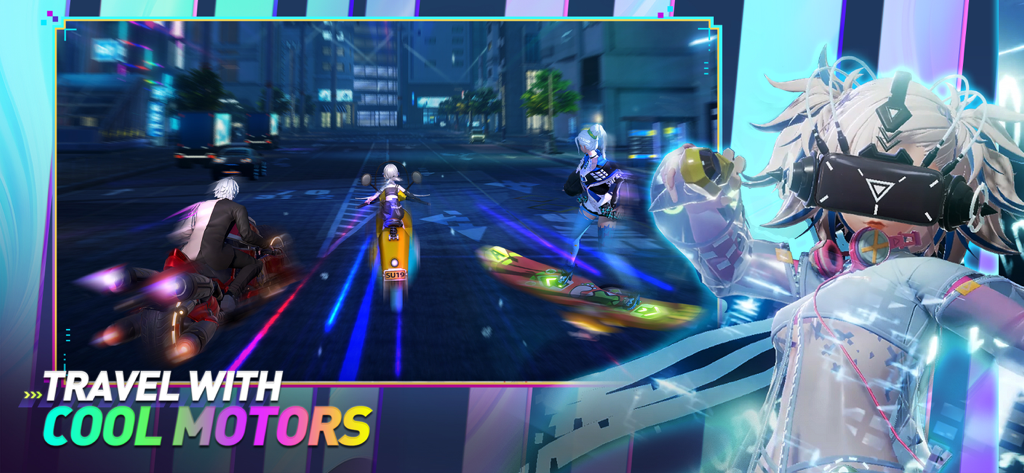 Anime-Charaktere, die auf futuristischen Motorrädern und Hoverboards in einer neonbeleuchteten städtischen Umgebung fahren