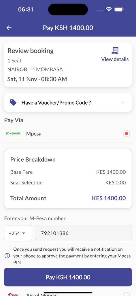 Travler - Review and payment screen of the Travler app for a bus trip from Nairobi to Mombasa showing price breakdown and payment method selection.