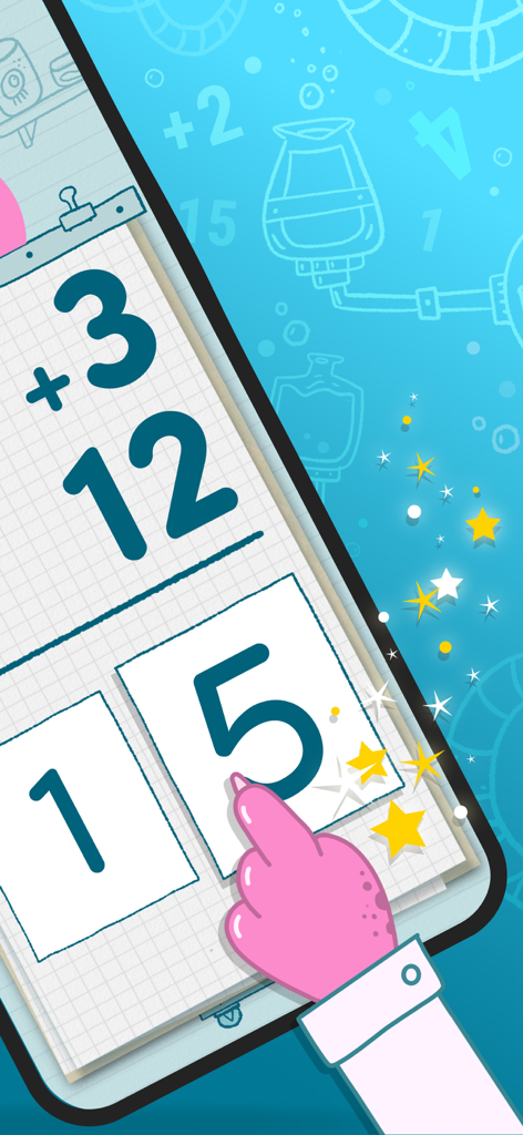 Multiplication facts Kids game - A colorful math learning interface for children showing an addition problem and reward stars