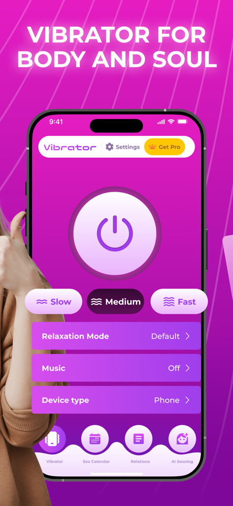 Vibrator: Feel Relax Massager - Interface of the Vibrator app showing the power button, intensity controls, and relaxation modes.