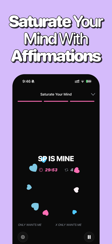 Manifested: Affirmations - Manifested app affirmation saturation session interface with a timer and heart icons