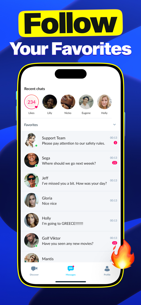 Olive: 1-on-1 Video Chat - Pantalla de mensajes de la aplicación de chat de vídeo Olive que muestra favoritos y conversaciones recientes