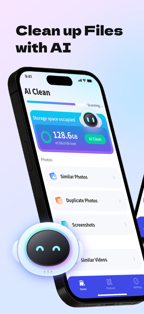 AI Clean-Phone Sweeper - AI Clean app main screen showing storage capacity and smart cleaning features for photos and videos