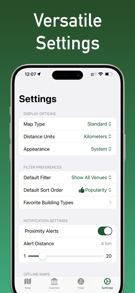 Schermata delle impostazioni per l'app Castelli del Lussemburgo con opzioni di visualizzazione e avvisi di prossimità