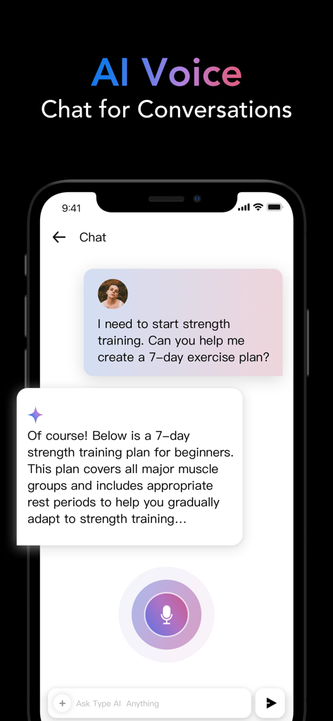 Écran de l'application G.AI montrant une conversation vocale IA sur un plan d'entraînement de force.