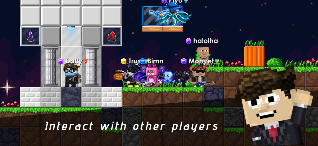 Players interacting in a pixel art world in Breaworlds