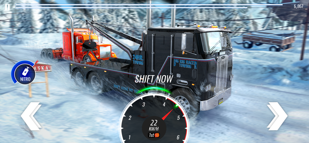 Big Rig Racing:Truck drag race - Gameplay of Big Rig Racing showing a black truck on a snowy track with a shift now prompt