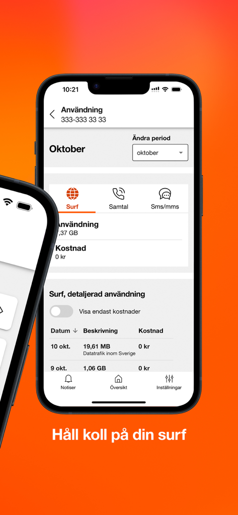 Smartphone display of the Mitt3 app showing detailed mobile data usage and costs.