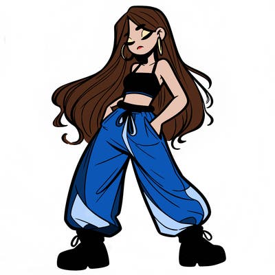girl in baggy pants crop top and long hair
