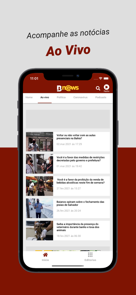 Interface do aplicativo BNews Oficial exibindo um feed ao vivo de notícias locais da Bahia, Brasil.
