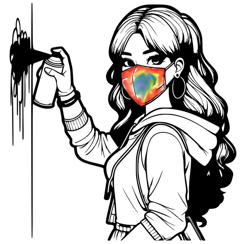 realistic girl with mask spray painting a wall