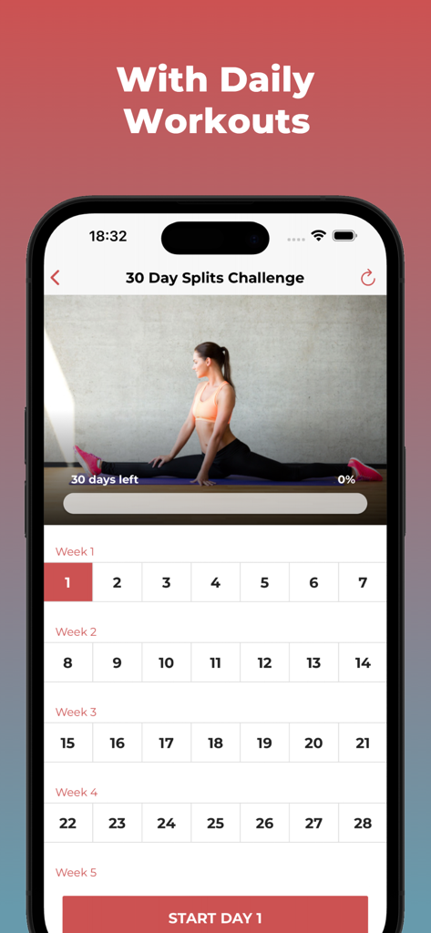 30 Day Splits Challenge - Interface of the 30 Day Splits Challenge app showing a 30-day flexibility training calendar and a start button for the daily routine